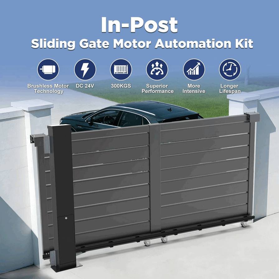 Modern Minimalist Sliding Gate Automation System: Heavy-Duty In-Post Gate Motor with Gear Rack and Rail Kit